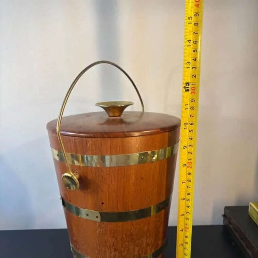 Vintage Mid Century Modern Teak Ice Bucket Brass Bands MCM Barware Barrel